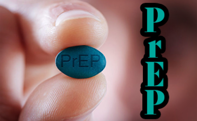 closeup of fingers holding a prEP pill with PrEP logo