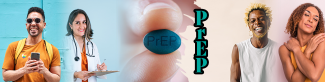 Four diverse people who are clients and medical professionals around a large image of a PrEP pill