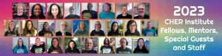 Banner image of 2023 CHER Institute participants wearing group t-shirts in Zoom blocks, against a colorful background