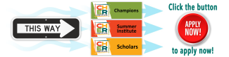 arrows point to CHER Scholars, Fellows and Champions graphics and an apply now button