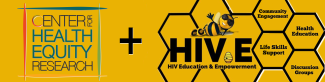 Center for Health Equity Research logo and the HIV-E logo on a yellow background with a cartoon bee