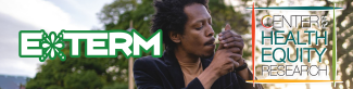 banner image of a Black man smoking in a park with the E-Term and Center for Health Equity research logos