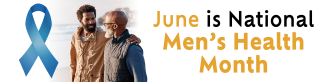 Younger and older Black men walking on beach with graphic of June is Men's Health Month