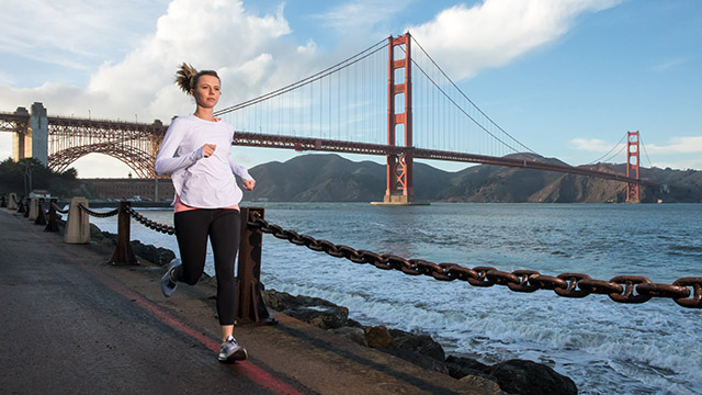 Rhodes Scholar Steffi Bryson runs near Golden Gate Bridge